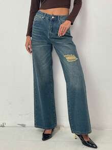Quần jeans nữ ống đứng rách nhẹ, kiểu dáng thường ngày, đa năng và thoải mái. - Màu xanh lam - Xem 1