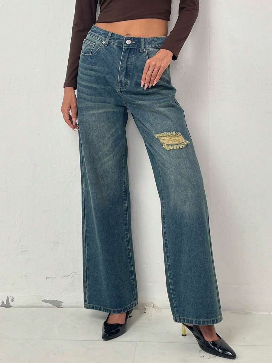Quần jeans nữ ống đứng rách nhẹ, kiểu dáng thường ngày, đa năng và thoải mái. - Màu xanh lam - Xem 1
