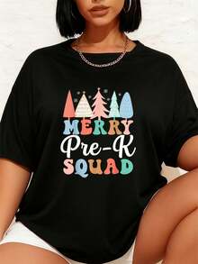 Fröhliches Pre-K Squad PreK Lehrer Vorschule PreK Weihnachtsbaum T-Shirt Grafik T-Shirts Frauen Crop Tops Sommer Outfits für Frauen Sommer Tops T-Shirt - Schwarz - Übersicht 7