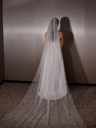 1 pieza Velo de novia estilo catedral brillante, adecuado para boda, fotografía de viaje, fiesta, con peine de metal para el cabello