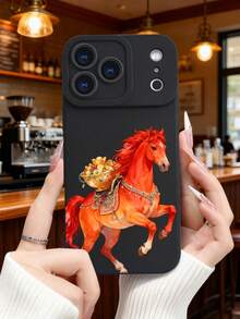 1 pieza Funda de teléfono con diseño de caballo rojo portando un recipiente lleno de lingotes de oro, estilo artístico inspirado en la cultura china ideal para celebraciones del Año Nuevo Chino y simbolismo de prosperidad, protección elevada para lente con diseño de ojo, resistente a golpes, compatible con iPhone17 ProMax/16/15/14/13/12/11/Plus/Pro/ProMax, compatible con Galaxy A34/A35/A54/A55, Galaxy S20/S21/S22/S23/S24/S25 Ultra/Plus, compatible con Galaxy/Redmi/Honor/OPPO/ViVo - Negro - Ver 2