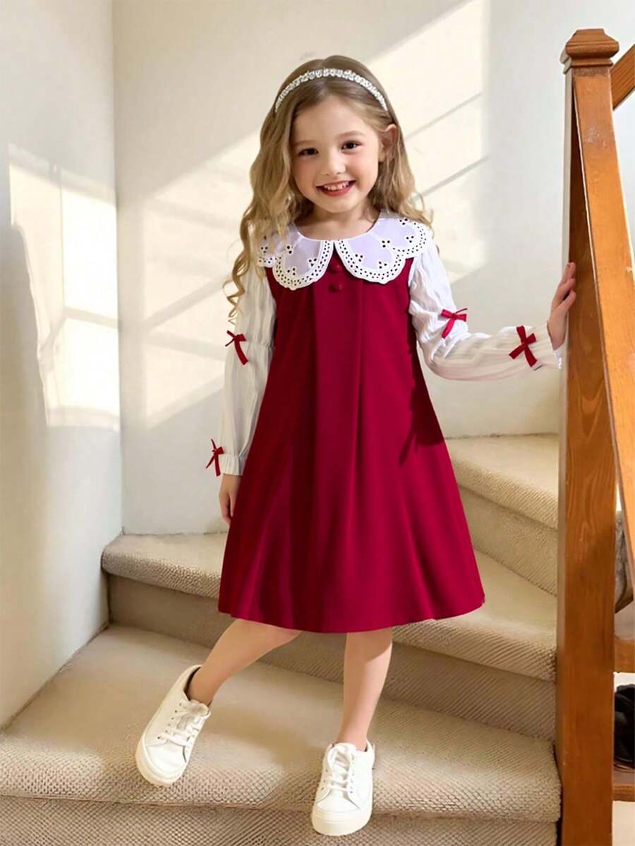 BASUSARRI Vestido Reto de Manga Longa com Gola Peter Pan e Laço, Vermelho Natal em Veludo Cotelê Confortável e na Moda, Adequado para Passeios