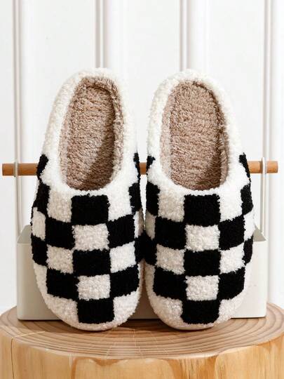 Classic Pattern Winter Couples Checker Board Indoor Slippers Women's Warm Bedroom Fashion Comfy Fuzzy Leisure Home Soft Sole Girl Shoes