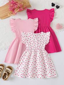 Bộ 3 món thời trang cho bé gái, gồm váy tay bồng in hình trái tim và váy phối màu trơn, thích hợp mặc mùa hè. - Màu Hồng Tươi - Xem 2