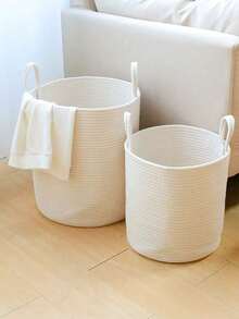 1 chiếc giỏ đựng đồ bằng vải lanh màu trơn, giỏ đựng quần áo bẩn, giỏ đan bằng dây cotton, thích hợp để đựng quần áo bẩn, đồ chơi trẻ em và chăn, phù hợp cho phòng tắm, phòng trẻ em và phòng khách, phong cách mộc mạc, có các kích cỡ S/M/L. - trắng - Xem 4