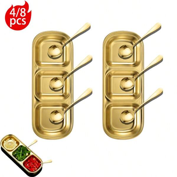 4/8pcs Stainless Steel 3-Compartment Condiment Dish Set With 4.5" Sauce Spoons, Korean Style Soy Sauce Plate For Mustard/BBQ Sauce/Spices/Ketchup/Salt/Sugar, Dessert Spoon, Ice Cream Spoon, Ideal For Home Kitchen, Restaurant, Hotel, Buffet, BBQ, Hot Pot