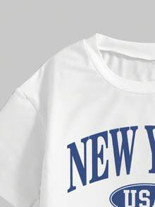 Tween Girls' Casual Fashion Street Style Letter Print Dropped Shoulder Loose White T-Shirt And Pleated Pocket Cargo Pants Set, Spring/Summer/Autumn - White - View 3