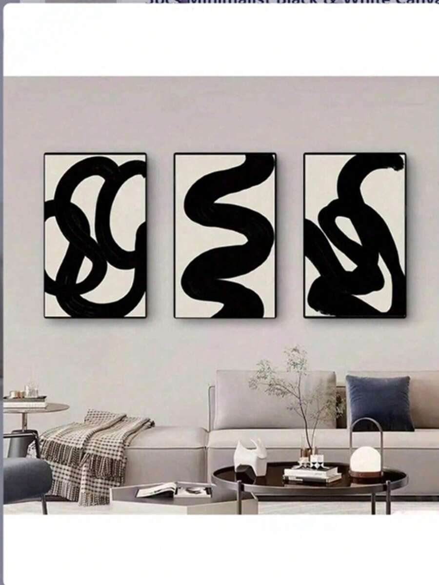 3pcs Minimalist Black & White Canvas Art Set - Modern Abstract Landscape Prints For Living Room, Bedroom, Office Decor