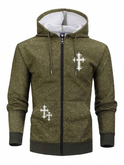 Sudadera con capucha con cremallera completa para hombres, con estampado de cruz y técnica de flocado, capucha con cordón y bolsillo, adecuada para moda urbana, trotar, viajes, vacaciones, transporte al aire libre y camping en primavera, otoño e invierno