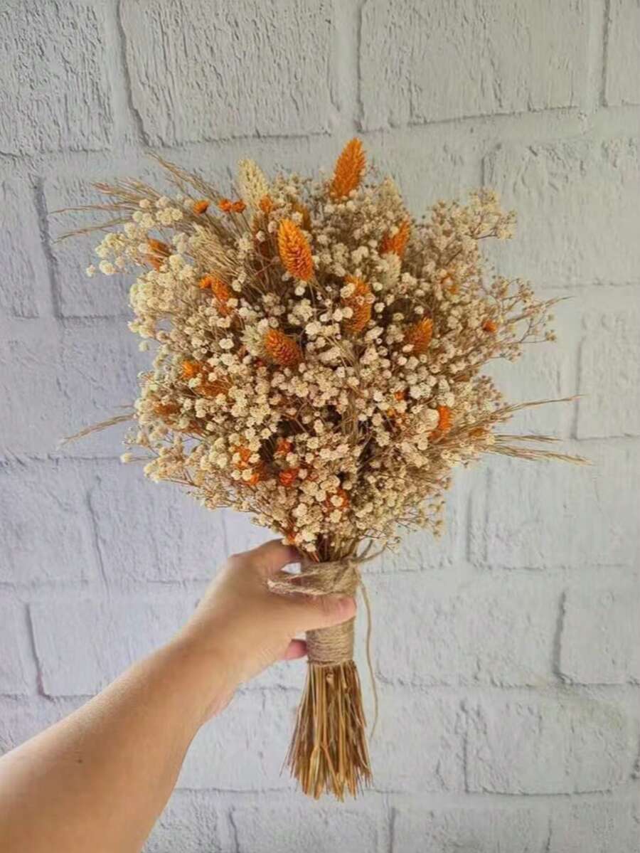 1 Bouquet Mixed With Baby's Breath, Gypsophila, Bunny Tails, And Gem Grass, Natural Floral Bouquet For Tabletop Vase, Wedding, Bridal Bouquet, Home/Office Decor, Party - Orange - View 1