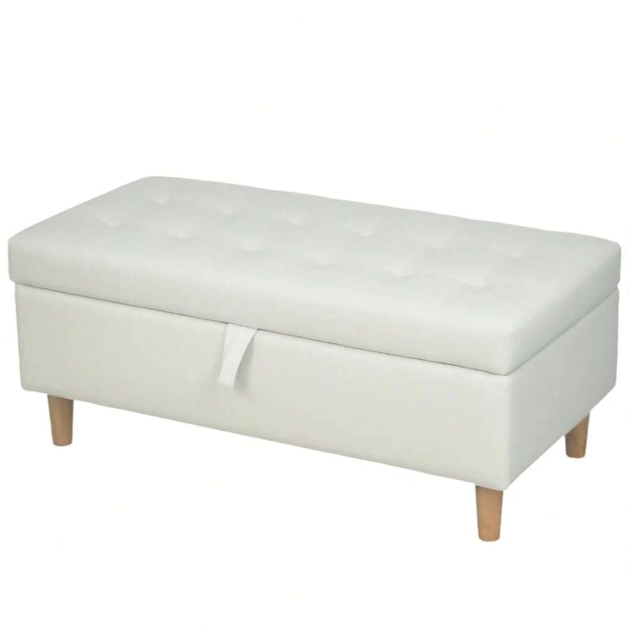 HOMCOM Upholstered Stool With Storage, Wooden Legs, Soft Fabric Cover, Cream White On Site
