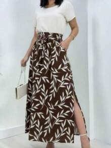 Steve Store Women's Fashion Skirt In Viscose Linen Fabric With Lining, Elastic Waistband, Pockets And Side Slits. - màu nâu - Xem 3