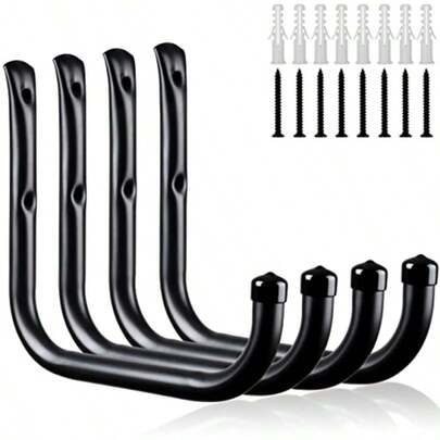10" Garage Organization Wall Hooks 66 LB Heavy Duty Water Hose Holder For Hanging Ladder Extension Cord Garden Tool Cable 4 Pcs Black