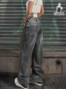 سراويل جينز نسائية عتيقة كاجوال ذات خصر مطاطي فضفاضة وساق مستقيمة - رمادي غامق - مشاهدة 4