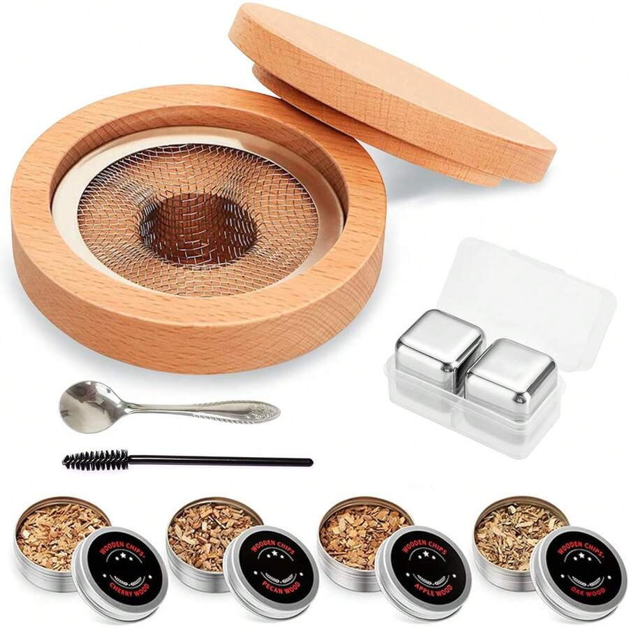 Kit para Ahumar Cócteles, Ahumador de Cocteles, Set de Whisky Ahumado con 4 Virutas de Madera Saborizadas y Cubitos de Hielo Reutilizables para Cócteles Old Fashioned, Bebidas - Regalos Bourbon - 1 - Ver 1