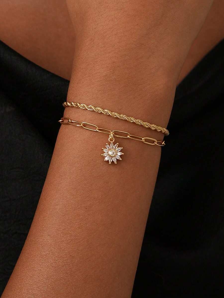 Set de 2 piezas de pulsera apilable con cadena básica multicapa, cadena trenzada, cadena de clip de papel, flor de girasol con incrustaciones de cobre y circonita, regalo de joyería - Amarillo Oro - Ver 1