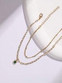 2件套奢华铜镶嵌方形绿色锆石吊坠手链，时尚双层腕饰 - 金黃色 - 查看 4