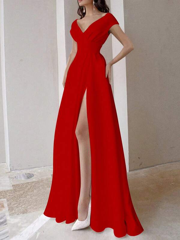 欧洲时尚女士夏季舞会礼服，短袖修身性感深V领开衩重工宴会婚礼派对礼服，裹胸荷叶边纯色气质通勤婚礼宾客礼服，女士春季正式晚宴礼服，优雅