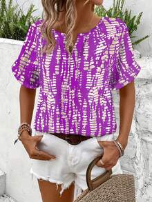 Áo sơ mi nữ cổ chữ V tay ngắn in họa tiết toàn thân mùa hè, áo sơ mi họa tiết cổ điển Mỹ, phong cách nghỉ dưỡng, thiết kế đa năng tôn dáng - Màu tím - Xem 3
