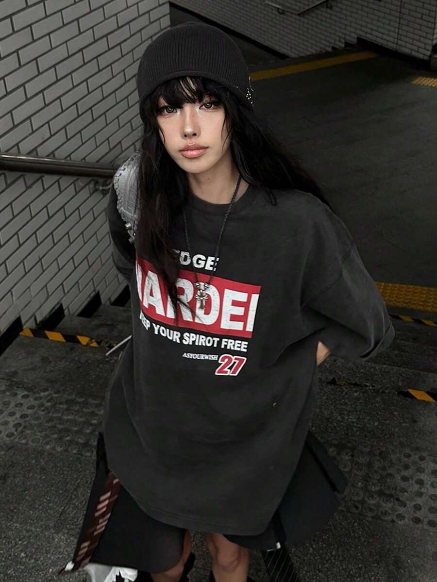 Round Neck Short Sleeve T-Shirt, Summer New Digital Pattern And Letter Print, Fashionable Casual Loose Women's Top - Dark Gray - View 1