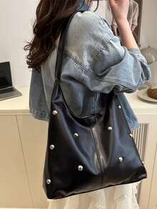 Korean Style Minimalist Casual PU Tote Bag Set, Autumn/Winter Retro Multifunctional Shoulder Tote Bag, Includes Coin Purse/Diaper Bag - Black - View 3