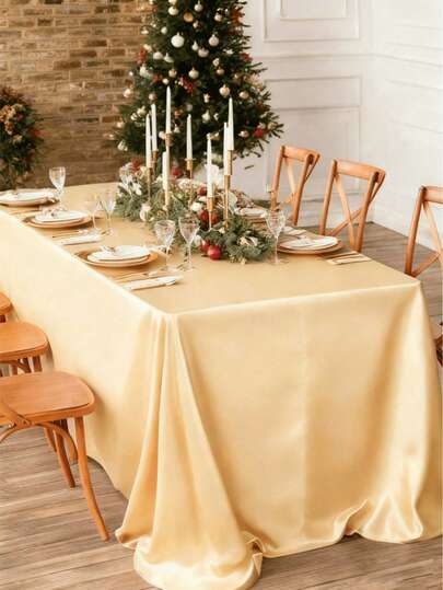 1pc Elegant Champagne Color Tablecloth, Rectangular Tablecloth For Wedding Decor, Washable And Reusable, High-Quality Polyester Satin Texture, Suitable For Weddings, Birthdays, Restaurants, Family Gatherings, Outdoor Parties As Table Cover, Table Decor And Party Tablecloth