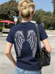 少女休闲粉色印花圆领短袖T恤，夏季上衣 - 藏蓝色 - 查看 6