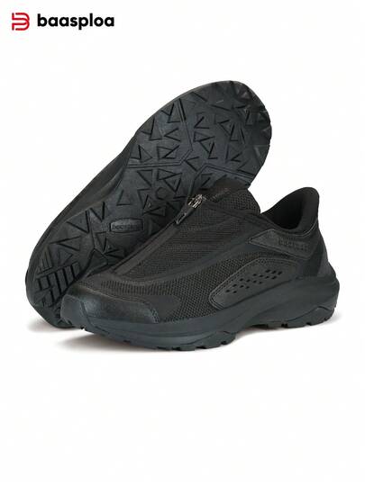 baasploa Men's Hiking Shoes, Splash-Proof And Anti-Slip, Outdoor Sports Shoes, Double Zipper Design, Slip-On Style, Comfortable Shock-Absorbing, Low-Top, Hiking Shoes, Outdoor Work Shoes, Safety Shoes