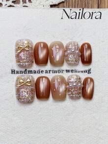 10pcs Handmade Nails Square Nails Press On Nails Short, Gentle Orange,Pink Nails Gradient, Flashy Cateye, Polka Dots Irregular Lines Gold Foil Nail Charms 3D Bow Pearl Inlaid, Simple Elegant Luxury Autumn Nails - Multicolor - View 8