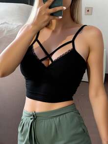 Livesso Lace Trim Cropped Camisole Top For Summer Going Out Tops - Black - View 2