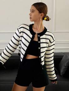 Livesso 女士条纹开衫，长袖上衣，秋冬款 - 黑與白 - 查看 4