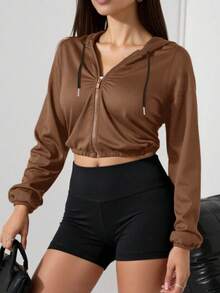 Áo khoác thể thao nữ mùa thu/đông, áo gió ngắn có mũ trùm đầu, màu đen, co giãn, thích hợp cho tập thể dục ngoài trời, tập gym, chạy bộ, thể thao và thư giãn mùa xuân. - màu nâu - Xem 3
