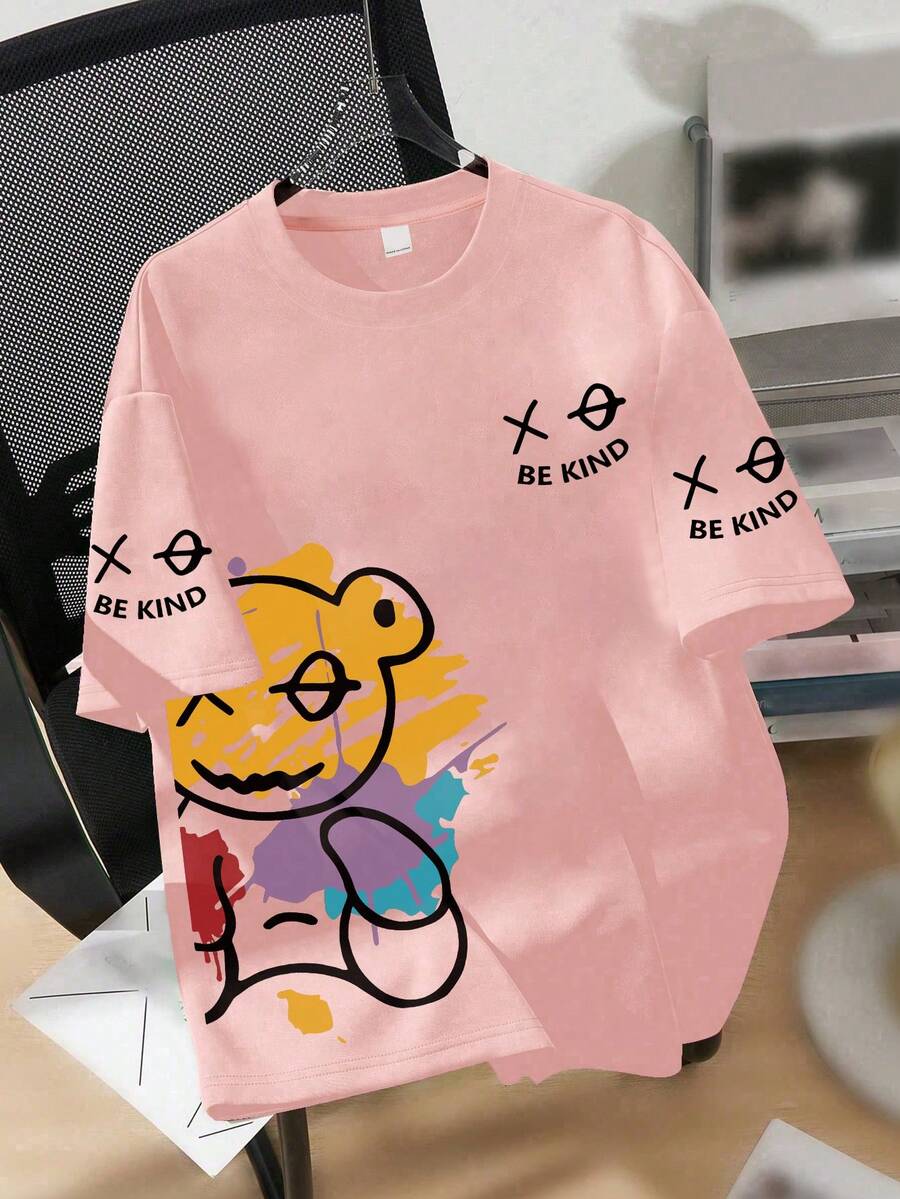 Teen Boys Street Graffiti Bear Design, Short Sleeve Loose Soft Cool Tee, Street Casual Wear Summer, Boys Tops - Pink - View 1