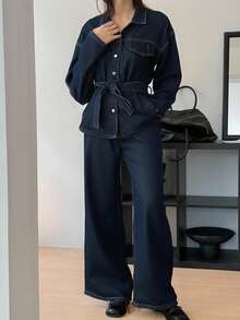 DAZY 秋冬新款宽松休闲做旧水洗收腰女式牛仔套装 - 藍色 - 查看 8