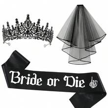 Halloween Ghost Bride Set: Black Wedding Crown Veil Shoulder Strap, Gothic Bachelorette Party Decoration Set - Black Crown Veil, "Bride Or Die" Belt, "Bride To Be" Lace Garter With Bow - Spooky Bridal Shower Gift Suitable For Dark-Themed Hens Party Supplies - Multicolor - View 4