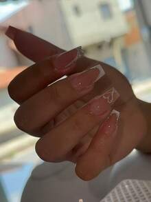 24片/套 长款棺材形白色法式亚克力美甲贴纸，粉色蝴蝶结和爱心图案，水钻装饰，包含1片果冻胶和1个指甲锉，适合女性和女孩日常及派对使用美甲用品 - 彩色 - 查看 8