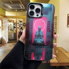 Cubierta de teléfono con diseño de Buda en neón rosa y azul para iPhone 14 Pro Max funda protectora con estética cyberpunk ideal para uso diario en cafeterías y salidas urbanas - Negro - Ver 4