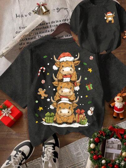 Cute Highland Cow Christmas Holiday Trees Cozy Winter Fluffy Cow Graphic T-Shirt, Women Casual Round Neck Short Sleeve Tee For Fall And Winter