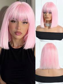 14英寸粉白渐变色合成假发，带刘海，耐热，外观自然，适合女性日常佩戴、派对和角色扮演。（请注意佩戴和保养说明。由于拍摄时的光线和角度原因，实际产品颜色可能与图片略有不同。） - 粉色 - 查看 2