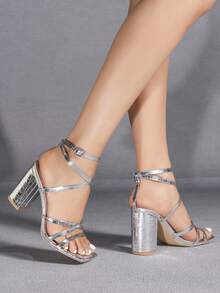 Giày cao gót mũi vuông màu bạc thời trang dự tiệc tối giản thoải mái đa năng cho nữ - Bạc - Xem 3