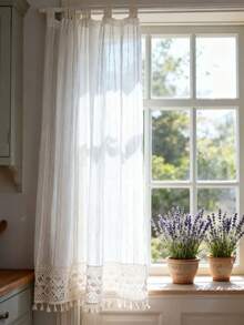 1Pc,Japanese-Style Vintage Striped Sheer Adjustable Lift Curtains With Crochet Lace Trim,Beige Linen-Look Semi-Transparent Tassel Pendants Short Curtains For Kitchen Home Room Dining Room - Beige - View 7