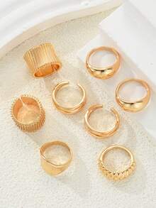 8件套复古时尚优雅小众奢华几何不对称多元素宽版可调节戒指套装，适合度假、派对、约会、送礼、日常搭配，高性价比珠宝促销 - 金黃色 - 查看 2