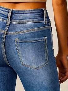 Women's Elastic Denim Jeans With Double Button Design, & Versatile Flared Leg - Medium Wash - View 6