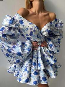 Solstice Apparel Backless Blue Rose Print Dress, Puff Long Sleeve V-Neck Layered Ruffle Mini Dress, Retro Elegant Style, Great For Weddings, Parties & Music Festivals, Spring Summer - Blue - View 6