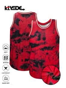 KTYSDE 男士扎染篮球服 - 宽松无袖运动服，100% 涤纶微弹针织面料，适合春夏秋季穿着，休闲日常穿着，跑步健身，篮球训练，男女通用 - 紅色 - 查看 1