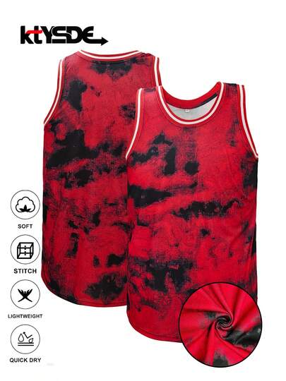 KTYSDE Herrbaskettröja med tie-dye-mönster - Ärmlös sporttröja med lös passform, 100 % polyester, lätt stretchigt stickat tyg, lämplig för vår/sommar/höst, vardagskläder, löpning och fitness, basketträning, unisex
