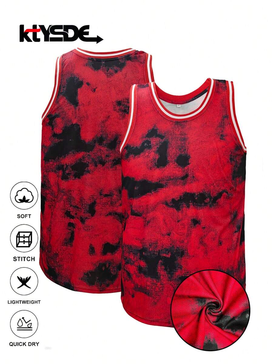 KTYSDE 男士扎染篮球服 - 宽松无袖运动服，100% 涤纶微弹针织面料，适合春夏秋季穿着，休闲日常穿着，跑步健身，篮球训练，男女通用 - 紅色 - 查看 1