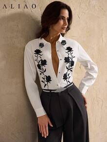 Aliao 优雅 3D 立体花卉刺绣长袖衬衫，宫廷风，情人节，纯色，全白，白色派对，婚礼季，复古奢华，返校季，女士音乐会服装，婚礼宾客，波西米亚风 - 白色 - 查看 6