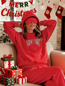 Christmas And Thanksgiving Women's Autumn/Winter Collection New York Leopard Print Fashion Statement - Women's 35% Cotton Eye Mask Hooded Sweatshirt Long Sleeve Letter Print Drawstring Hoodie - Soft, Casual, Long Sleeve, Kangaroo Pocket, Loose Fit Women's Sweatshirt - Fashionable Clothing, Machine Washable, Autumn And Winter Fleece Warm Lining Soft And Comfortable Autumn And Winter Women's Clothing - 紅色 - 查看 2