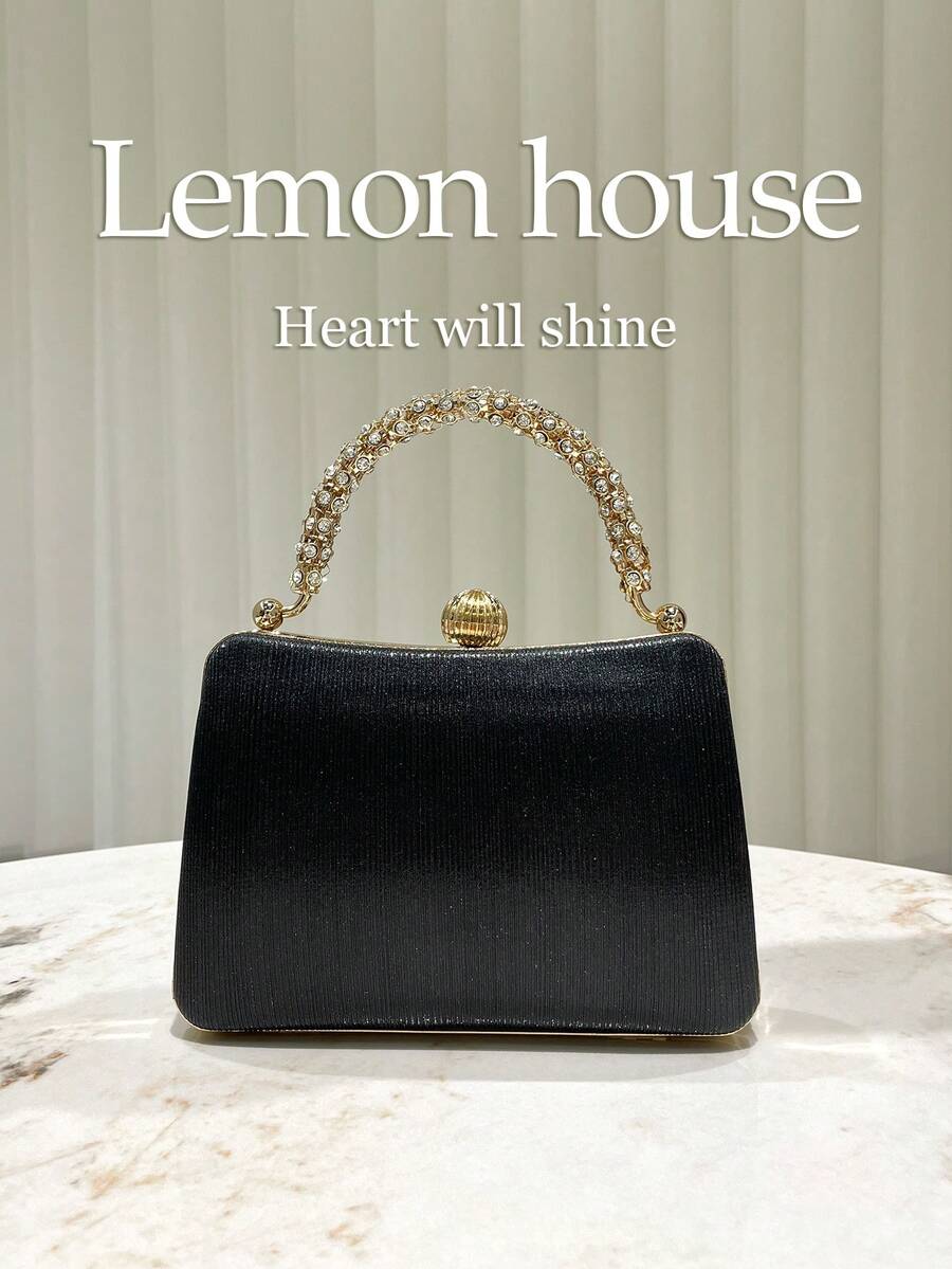 1 pièce Sac à main de soirée élégant décoré de strass noirs, sac de soirée formel à la mode pour femmes avec bandoulière amovible, convient pour le mariage, la fête, le banquet et d'autres occasions, excellent cadeau pour les femmes - Noir - Voir 1
